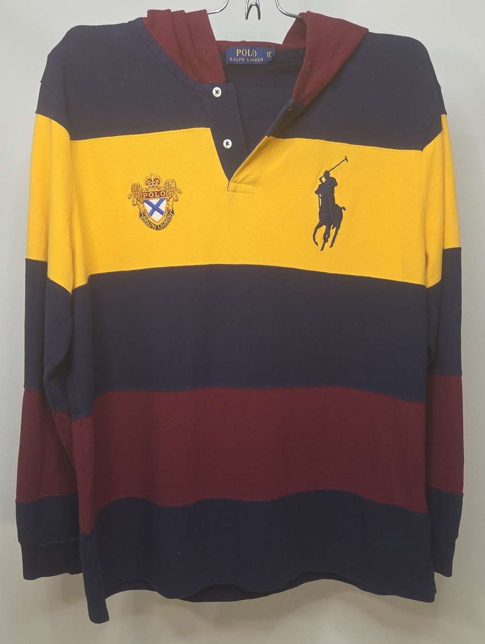 Polo Ralph Lauren Hoodie Mens XXL Pique Cotton Pullover Bold Stripe Rugby Crest